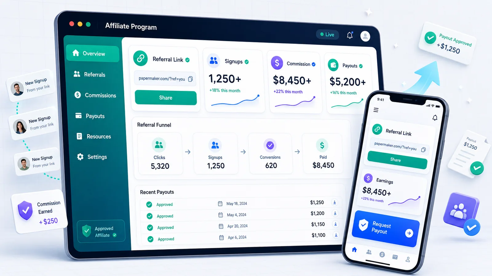 Paper Maker affiliate program dashboard showing referral link, signups, commission, payouts, approved status, and request payout action