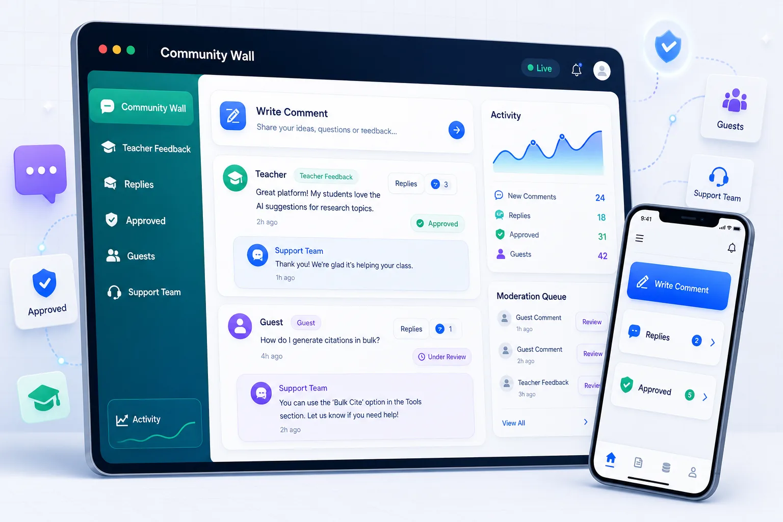 Paper Maker community wall dashboard showing write comment, teacher feedback, replies, approved comments, guests, support team, and activity
