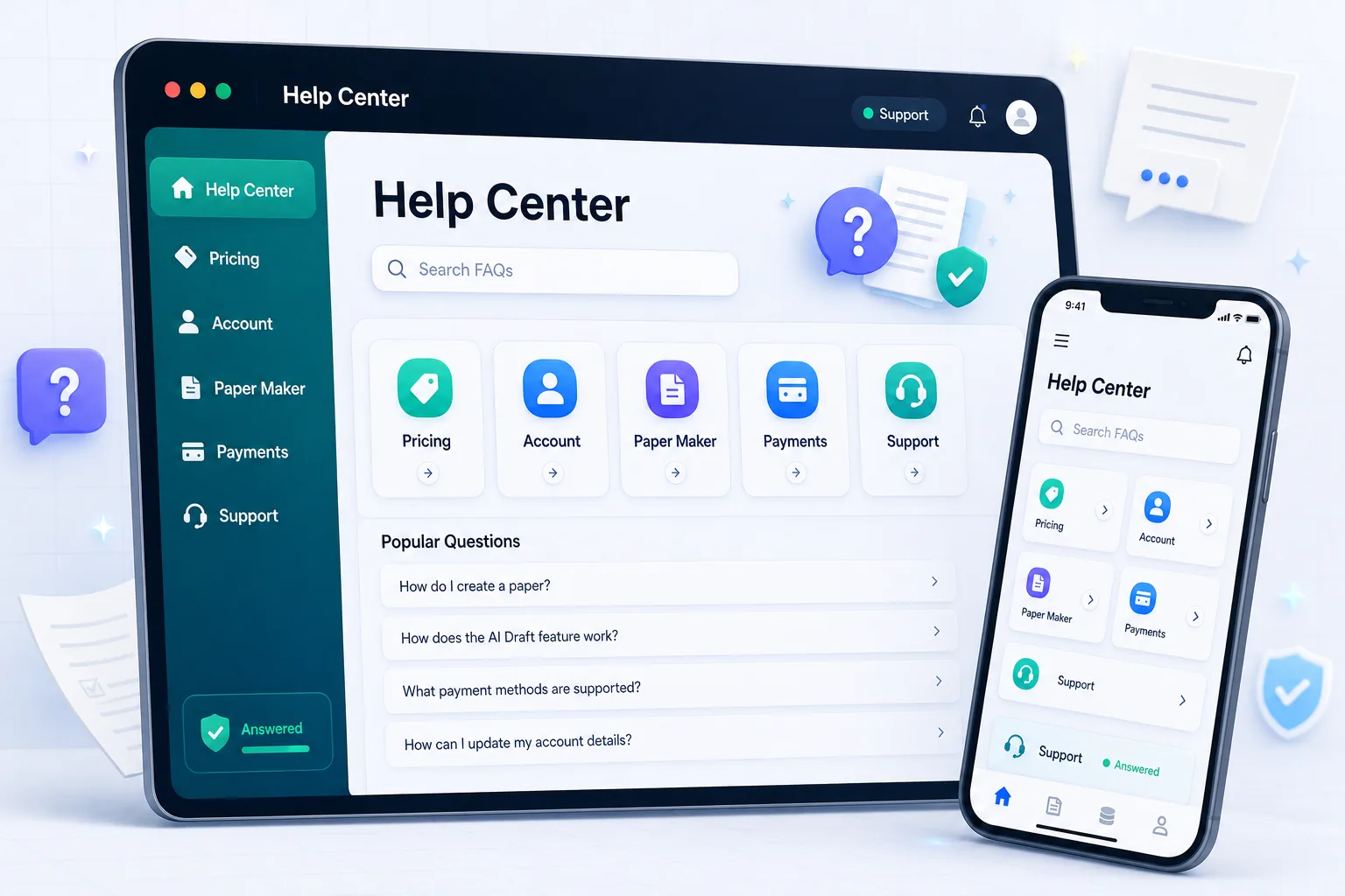 Paper Maker help center dashboard showing FAQ search, pricing, account, paper maker, payments, and support categories
