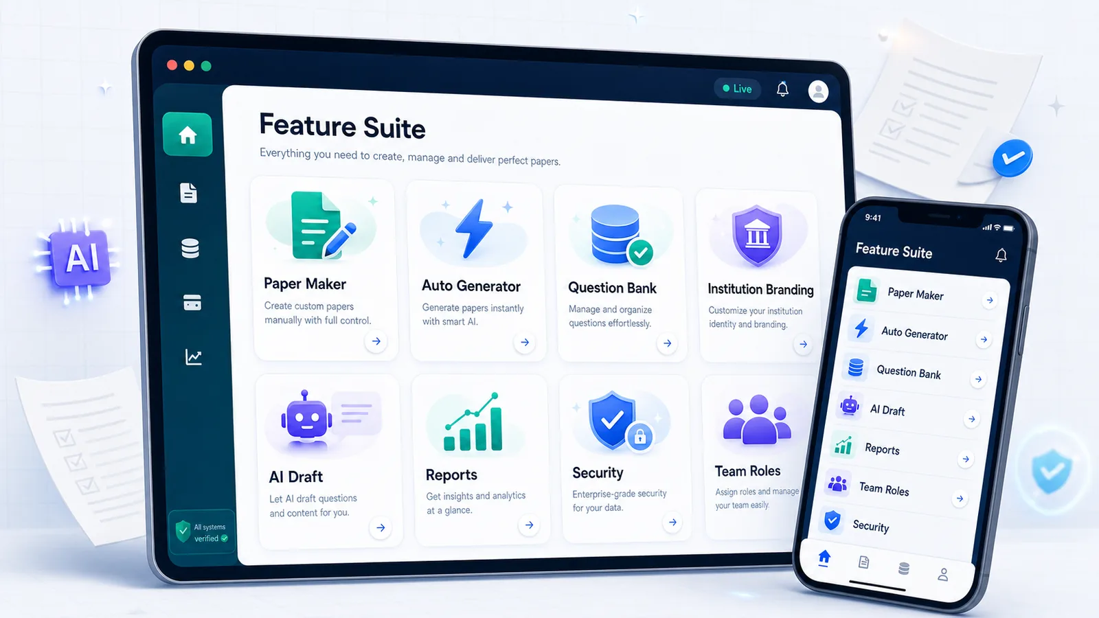 Paper Maker feature suite dashboard showing paper maker, auto generator, question bank, AI draft, reports, team roles, and security