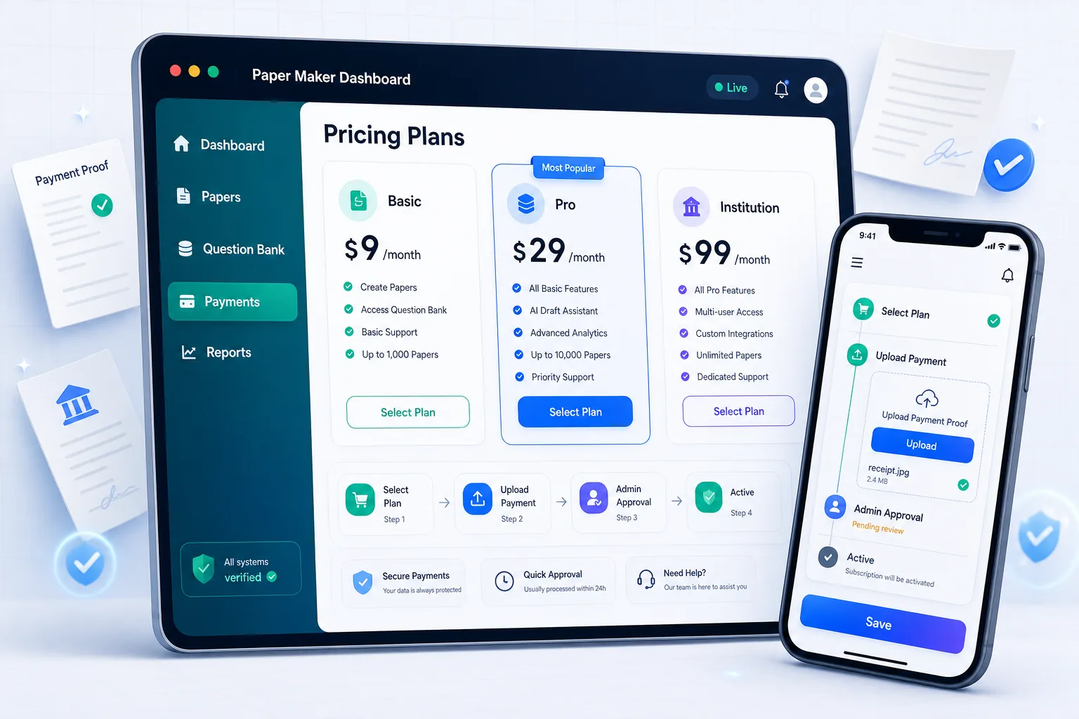 Paper Maker pricing plans dashboard showing subscription plans, upload payment, admin approval, and active subscription steps